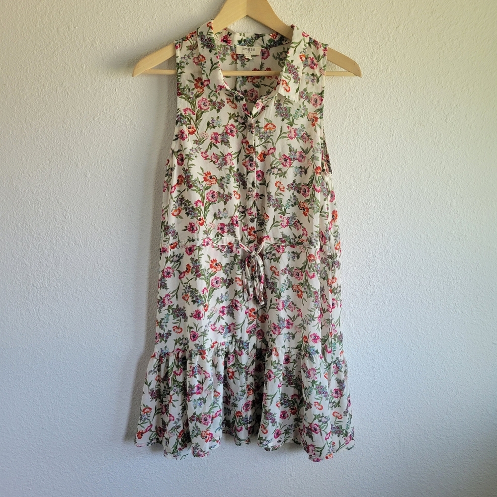 Umgee Floral Print Sleeveless Button Front Tied Waist Boho Dress Womens Size M